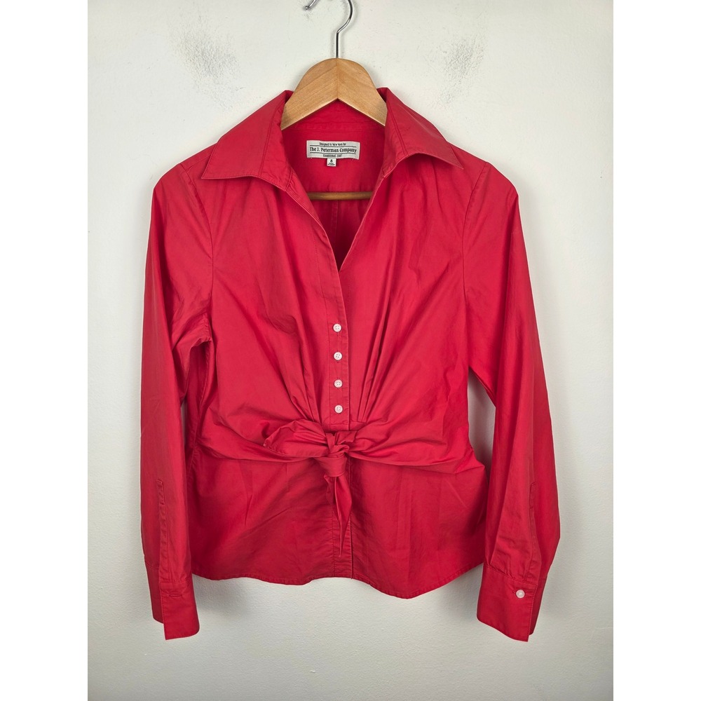 The J. Peterman Company 1953 Red Tie Front Cotton Button Blouse Shirt Womens 8